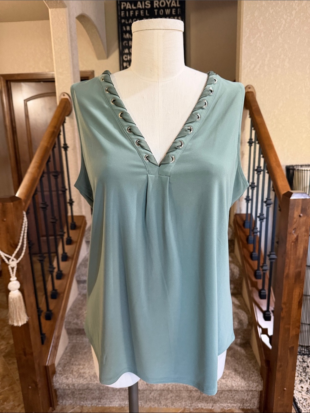 WHBM Sleeveless V-Neck Lace-Up Top - Sage Green - L